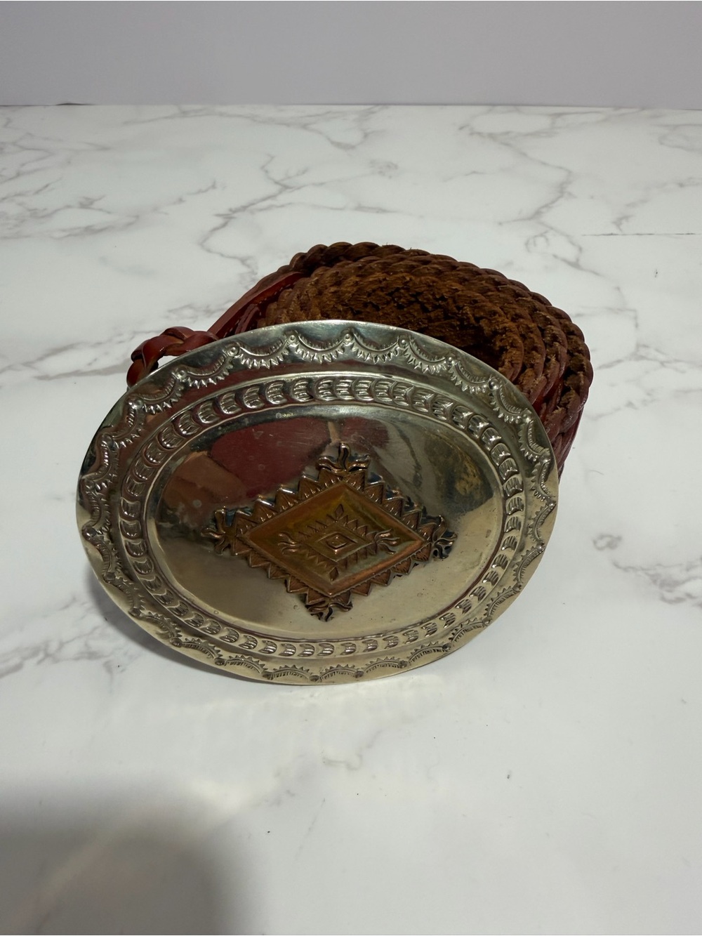 Vintage Woven Brown Leather Belt with Decorative Silver-Tone Buckle - M - Picture 2 of 8